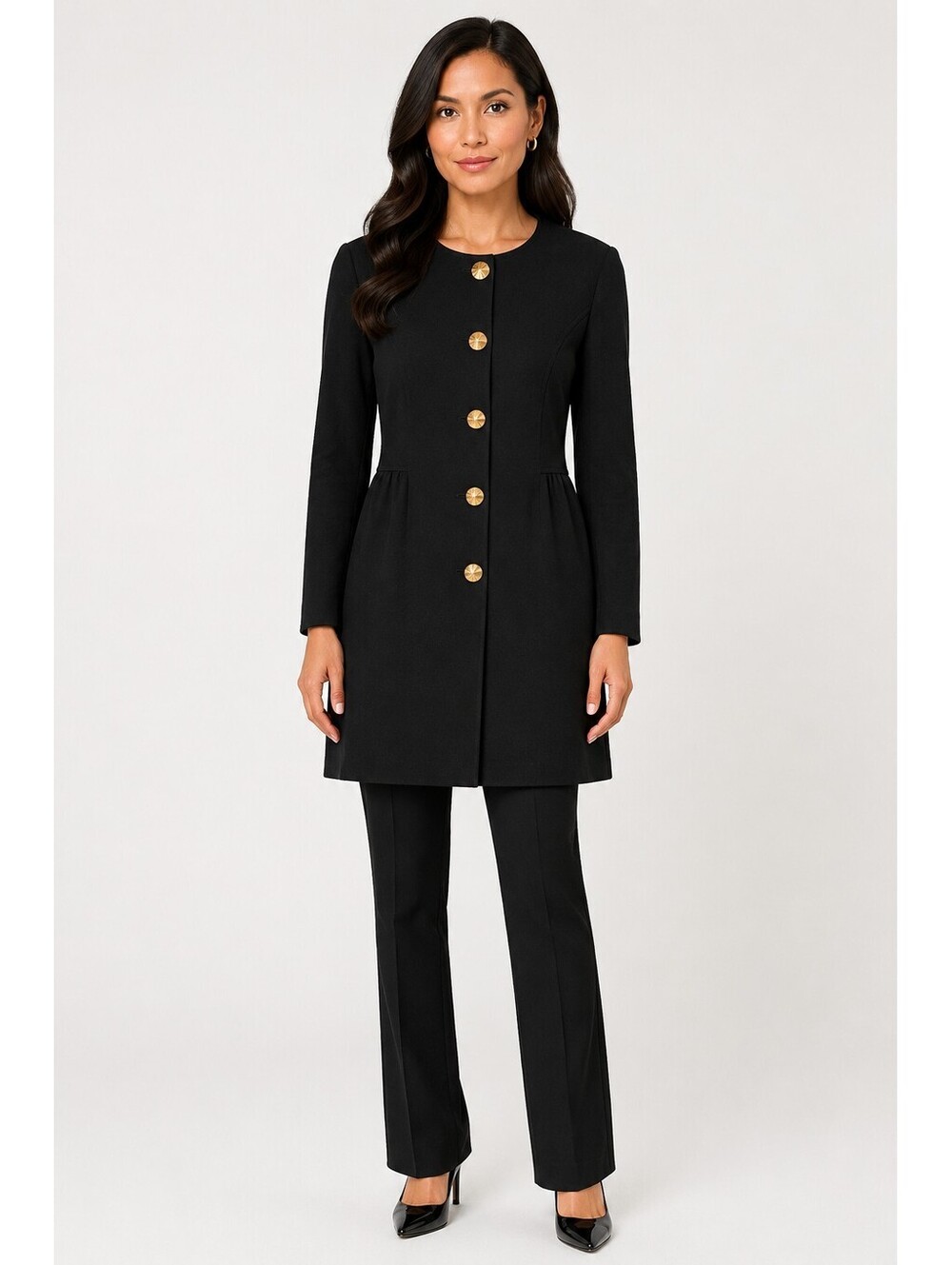 St. John Black Wool Blend Gold Studded Button Padded Shoulder Coat Jacket Sz 10
